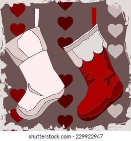 Christmas Background with red socks above small hearts
