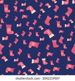 Christmas background with red stockings, wrapping paper and background image. Christmas stockings seamless pattern.