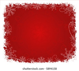 Christmas background. Red background with a white frame from snowflakes, curls, etc.