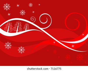 Christmas background. Red background with a white snowflakes and curls.