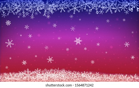 Christmas background in red-blue color with christmas elements and snowflakes on backdrop with different snowflakes