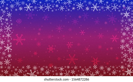 Christmas background in red-blue color with christmas elements and snowflakes on backdrop with frame made of different snowflakes