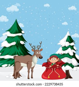 Christmas background with reindeer and elf illustration