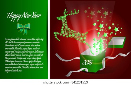 Christmas background, reindeer with snowflake pattern jumping out from gift box breaking ribbon banners, stars are splashing with place for Happy New Year 2016 greetings text