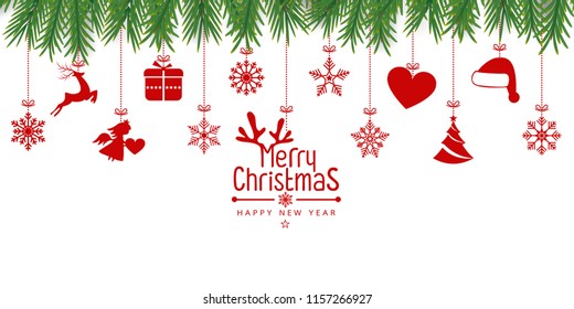 Christmas background with Christmas res balls, snowflakes, on white background