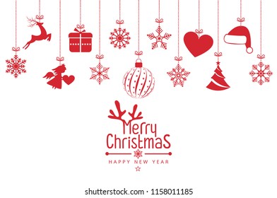 Christmas background with Christmas res balls, snowflakes, on white background