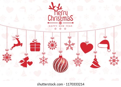 Christmas background with Christmas res balls, snowflakes, on white background