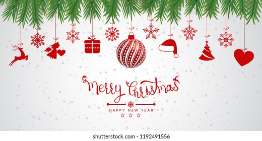Christmas background with Christmas res balls, snowflakes, on white background