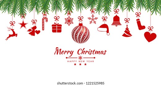 Christmas background with Christmas res balls, snowflakes, on white background