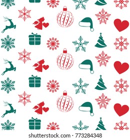 Christmas background with Christmas res balls, snowflakes, on white background