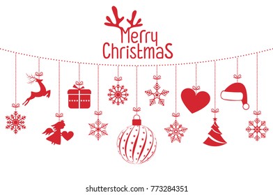 Christmas background with Christmas res balls, snowflakes, on white background