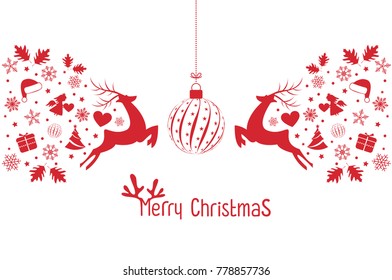 Christmas background with Christmas res balls, snowflakes, on white background