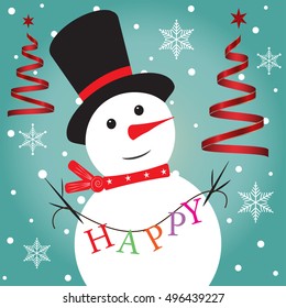 Christmas background. Retro abstract on blue background with beautiful snowflakes, snow, red christmas tree and snowman with happy. Vector Illustration. Eps10.