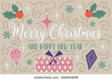 Christmas background retro banner with text merry christmas and gifts with curls.Cover with stars, snowflakes, toys and holly. Festive congratulations. Vector illustration