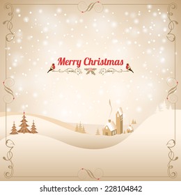 Christmas background with Retro Frame, Tree, Bullfinch and House. Vector Template for Cover, Flyer, Brochure.