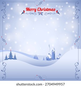 Christmas background with Retro Frame, Tree, Bullfinch and House. Vector Template for Cover, Flyer, Brochure.