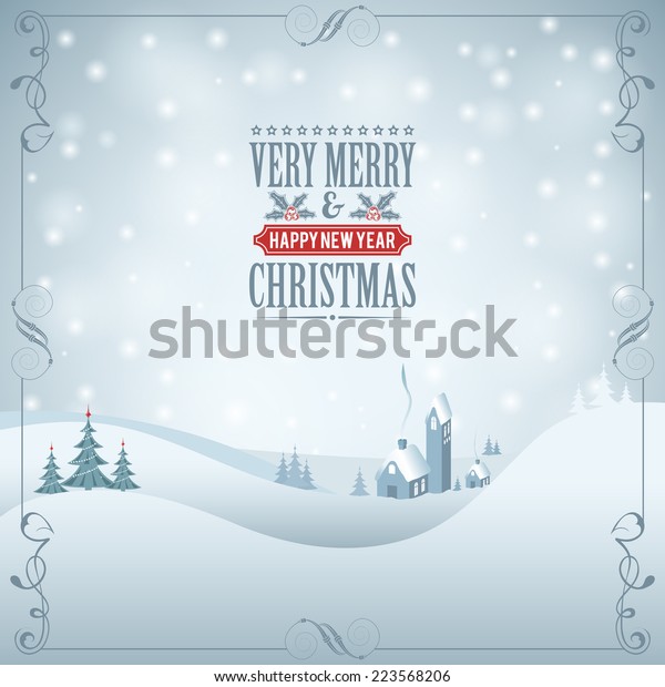 Christmas background with Retro\
Frame, Tree and House. Vector Template for Cover, Flyer,\
Brochure.