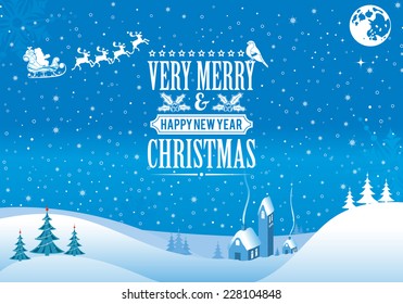 Christmas background with Retro Label, Tree, Santa, House, Bullfinch. Vector Template for Cover, Flyer, Brochure.