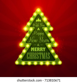 Christmas background. Retro Christmas light sign. Vector illustration.