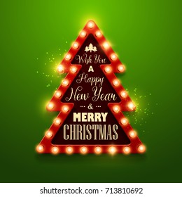 Christmas background. Retro Christmas light sign. Vector illustration.