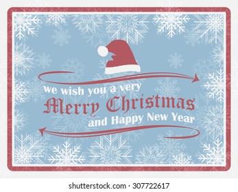 Christmas background in retro style with snowflakes, christmas hat and ornate elements. Happy New Year card/vector illustration