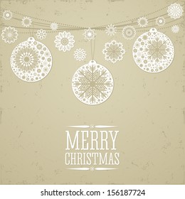 Christmas background in retro style with toys and place for text. Imitation paper. Soft colors. 