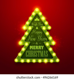 Christmas background. Retro Christmas tree light sign. Vector illustration.