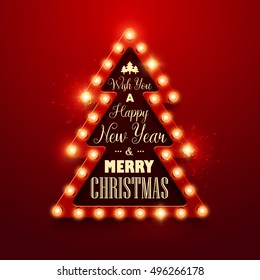 Christmas background. Retro Christmas tree light sign. Vector illustration.