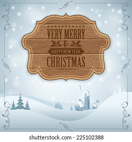 Christmas Background With Retro Wooden Frame, Label, Tree And House. Vector Template For Cover, Flyer, Brochure.