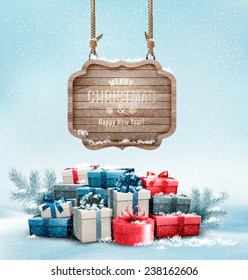 Christmas background with a retro wooden sign and gift boxes. Vector.