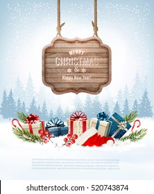 Christmas Background With A Retro Wooden Sign And Gift Boxes. Vector.