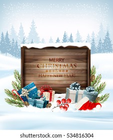 Christmas background with a retro wooden sign and gift boxes. Vector