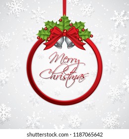 Christmas background with ribbon and bell, vector illustration
