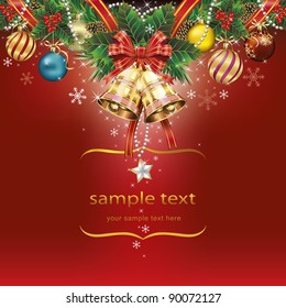 Christmas background with ribbon bells pine cone and berry. Vector illustration