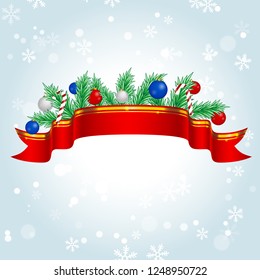 Christmas background with ribbon, fir branches and baubles