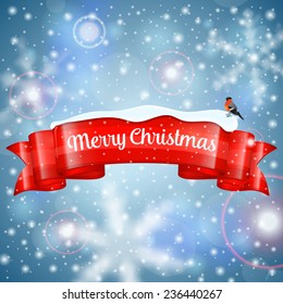 Christmas Background with Ribbon, Snowflakes and Bullfinch, vector illustration