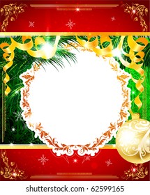 Christmas background with ribbons, balls and sweets. Floral golden frame with leafs and flowers. eps 10