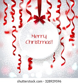 Christmas background with ribbons and place for text, bow. Vector Illustration. 