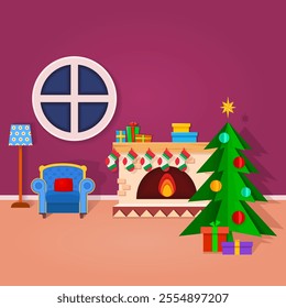Christmas background of room with fireplace, Christmas tree and gifts. Paper cut style. Vector illustration. SSTKChristmas