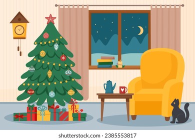 Christmas background with room interior. Christmas room interior.