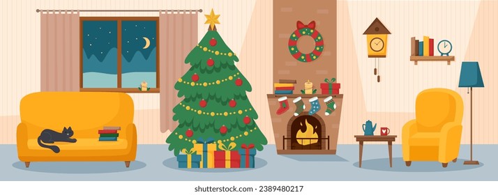 Christmas background with room interior. Christmas room interior.	