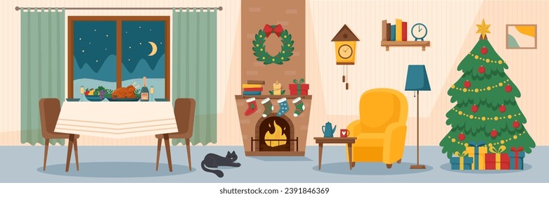 Christmas background with room interior. Christmas room interior.