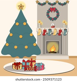 Christmas background with room interior. Christmas room interior.