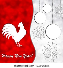 Christmas background with rooster and ball and snowflake