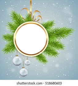Christmas background with round banner, green fir branch and white decorations.