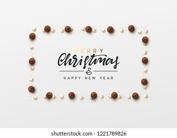 Christmas background with round chocolate candy, bead pearls, bright golden glitter. Handwritten text Merry Christmas and Happy New Year. Xmas greeting card, banner, web poster. Vector illustration.
