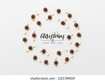 Christmas background with round chocolate candy, bead pearls, bright golden glitter. Handwritten text Merry Christmas and Happy New Year. Xmas greeting card, banner, web poster. Vector illustration.