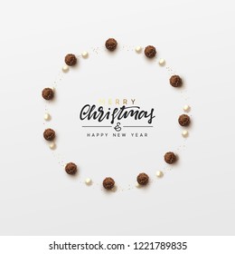 Christmas background with round chocolate candy, bead pearls, bright golden glitter. Handwritten text Merry Christmas and Happy New Year. Xmas greeting card, banner, web poster. Vector illustration.