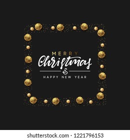 Christmas background with round chocolate candy, bead pearls, bright golden glitter. Handwritten text Merry Christmas and Happy New Year. Xmas greeting card, banner, web poster. Vector illustration.