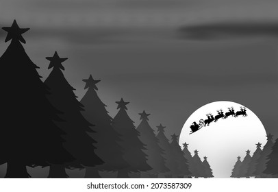 christmas background with a row of christmas trees with stars on it and a big full moon with santa and his sleigh